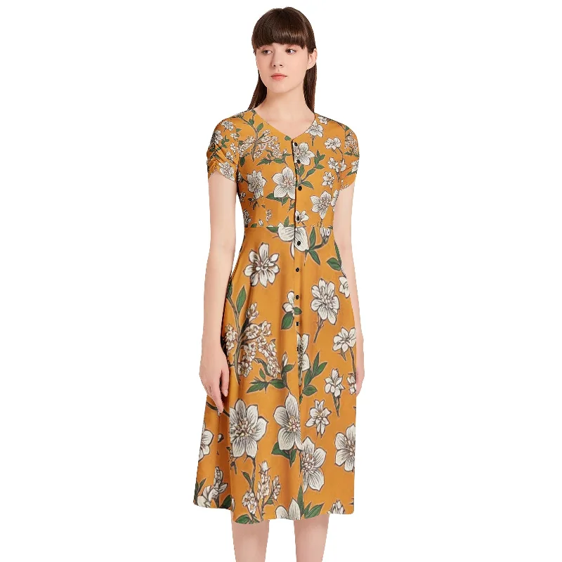 Overstock Sale Puff Sleeve Button Through Dress