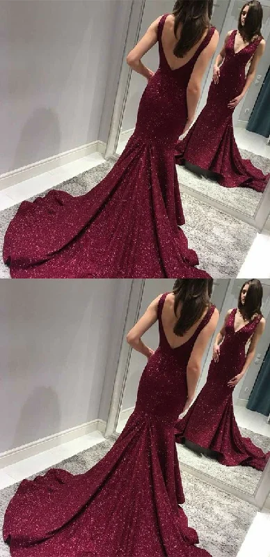 Mega Sale formal charming burgundy sparkle v-neck long mermaid prom dress, PD5898
