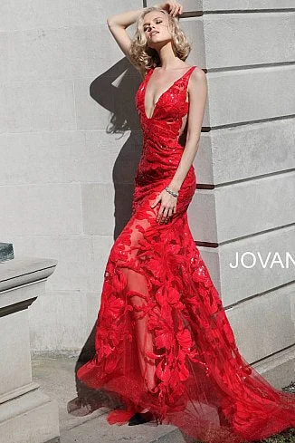 Mega Sale Jovani 60283 size 10 Red sequin floral Lace sheer prom dress Sexy formal gown
