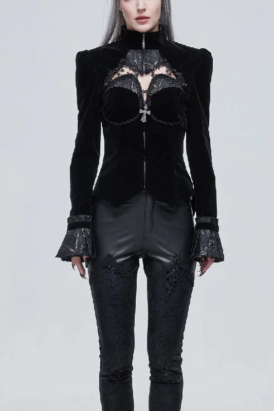 Online Specials Black Vintage Shiny Jacquard Bat Cutout Applique Women's Gothic Jacket