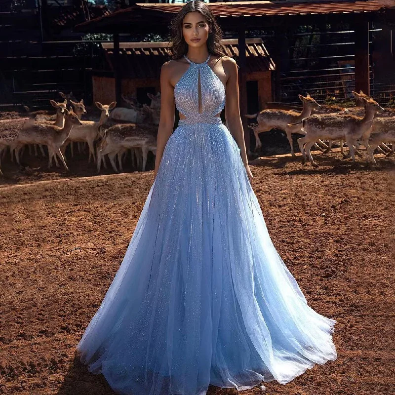 Online Only Serene Hill Blue Sexy A-Line 2024 Beaded Halter Graduation School Party Gown  Celebrity Prom Dresses LA71882