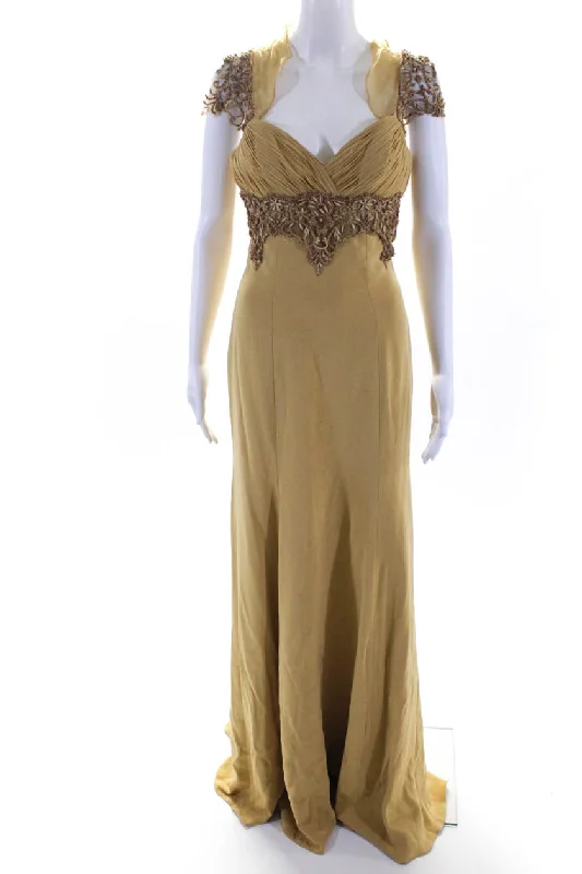 Buy More, Save More Rafael Cennamo Women's Sleeveless V Neck Embellished Long Gown Yellow