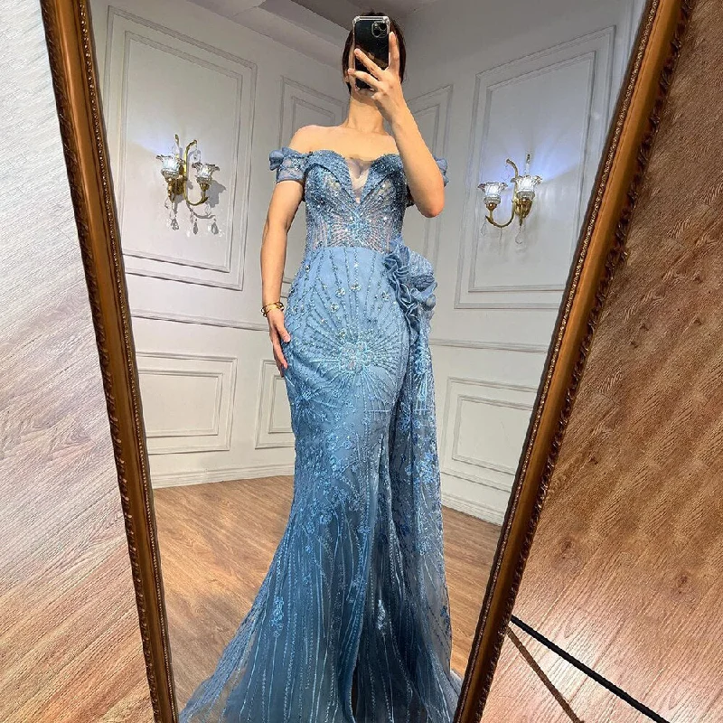 Hurry In Serene Hill Blue Mermaid Lace Beaded Formal Occasion Evening Dresses With Overskirt Or Woman Wedding  Party Gowns LA72042