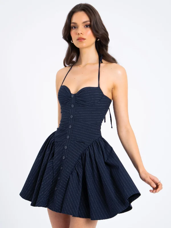Great Deals Melody Navy Blue Pinstripe Halter Drop Waist Mini Dress