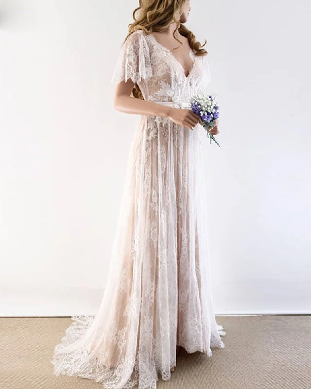 Final Markdown Short Sleeves Nude/ivory Beach Wedding Dress Lace Boho Bride Gown WD09012 Final Markdown Short Sleeves Nude/ivory Beach Wedding Dress Lace Boho Bride Gown WD09012