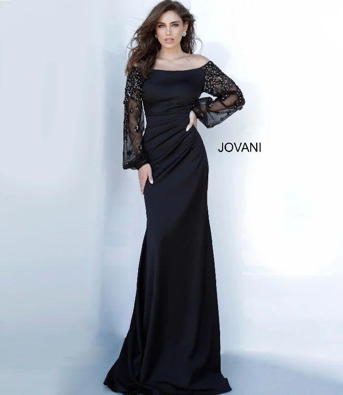 Lowest Price Jovani 1156 off the shoulder long sleeve evening dress black sheer sleeves