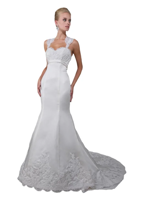Must-Have Deals Davinci Wedding Dress 50083 size 4 White satin fit and flare long dress lace bodice and straps Must-Have Deals Davinci Wedding Dress 50083 size 4 White satin fit and flare long dress lace bodice and straps