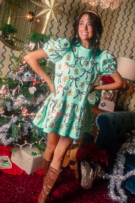 Don't Wait Mint Green Gingerbread Men & Bows Dress
