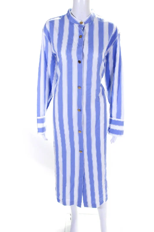 Fantastic Offers Balmain Womens Button Front Side Slit Striped Midi Dress Blue White