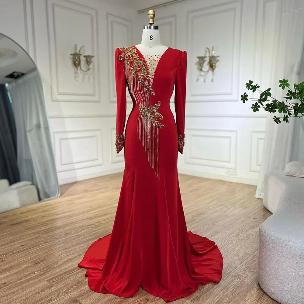 Reduced Prices Serene Hill Arabic Red Mermaid Elegant Tassel Beaded Luxury Dubai Evening Dresses Gowns 2024 For Women Wedding Party LA72494 Reduced Prices Serene Hill Arabic Red Mermaid Elegant Tassel Beaded Luxury Dubai Evening Dresses Gowns 2024 For Women Wedding Party LA72494