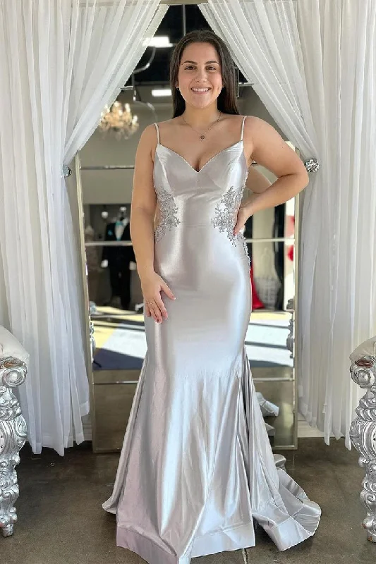 Discount Extravaganza Silver Mermaid V Neck Satin Long Prom Dresses