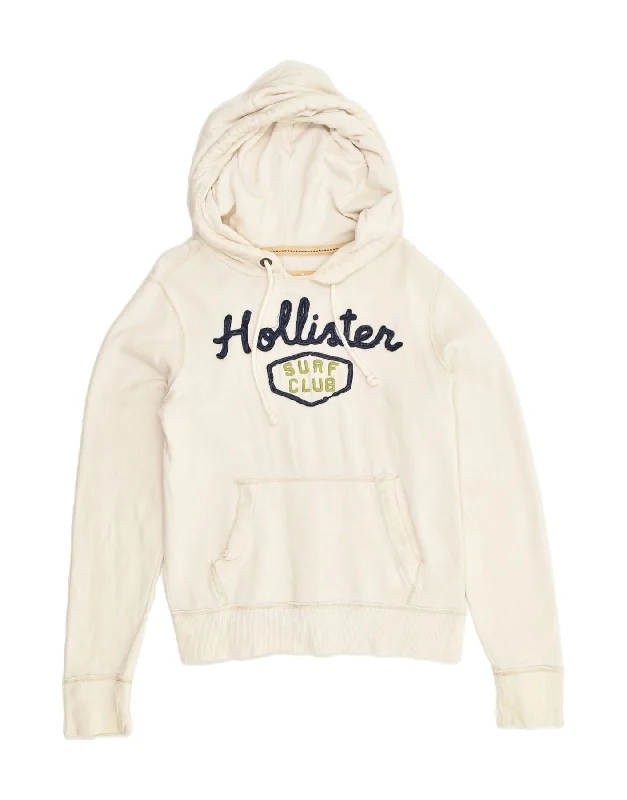 Closeout HOLLISTER Womens Graphic Hoodie Jumper UK 10 Small Off White Cotton