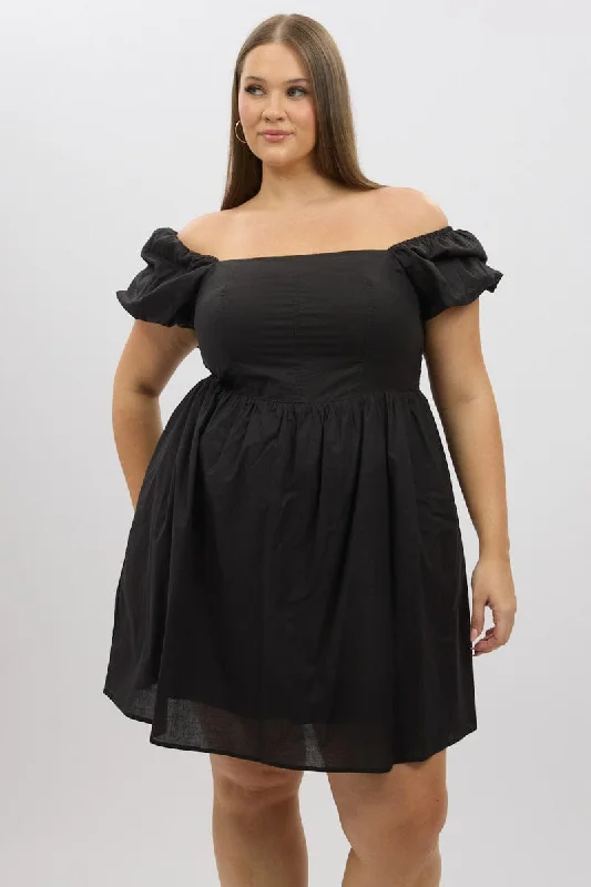 Savings Galore Black Puff Sleeve Off Shoulder Cotton Poplin Minidress