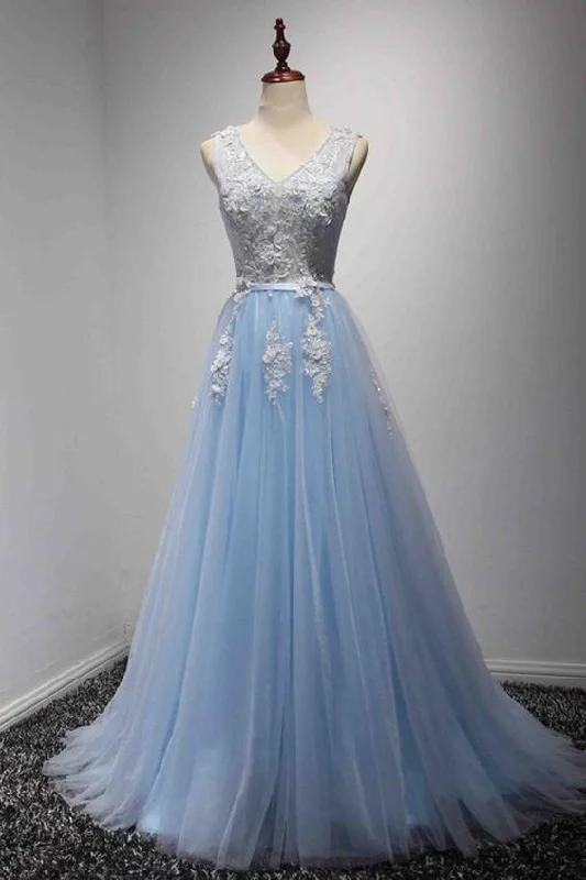 Instant Discount light blue tulle v-neck long prom dress lace appliques dresses, BD1628 Instant Discount light blue tulle v-neck long prom dress lace appliques dresses, BD1628