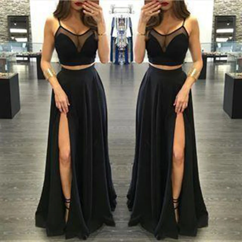 Final Clearance Sexy Black Prom Dress Crop Top Spaghetti Straps Long Party Girls evening Dress with Slit Final Clearance Sexy Black Prom Dress Crop Top Spaghetti Straps Long Party Girls evening Dress with Slit