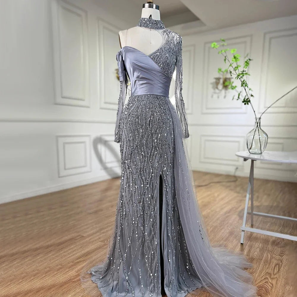 Online Only Serene Hill Mermaid Elegant High Split Beaded Blue Evening Dresses For Women Wedding Party 2024 Arabic Prom Formal Gowns LA71856