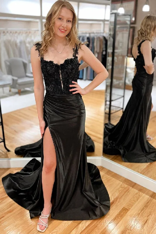Hurry In Black Satin Mermaid Sweetheart Long Prom Dress