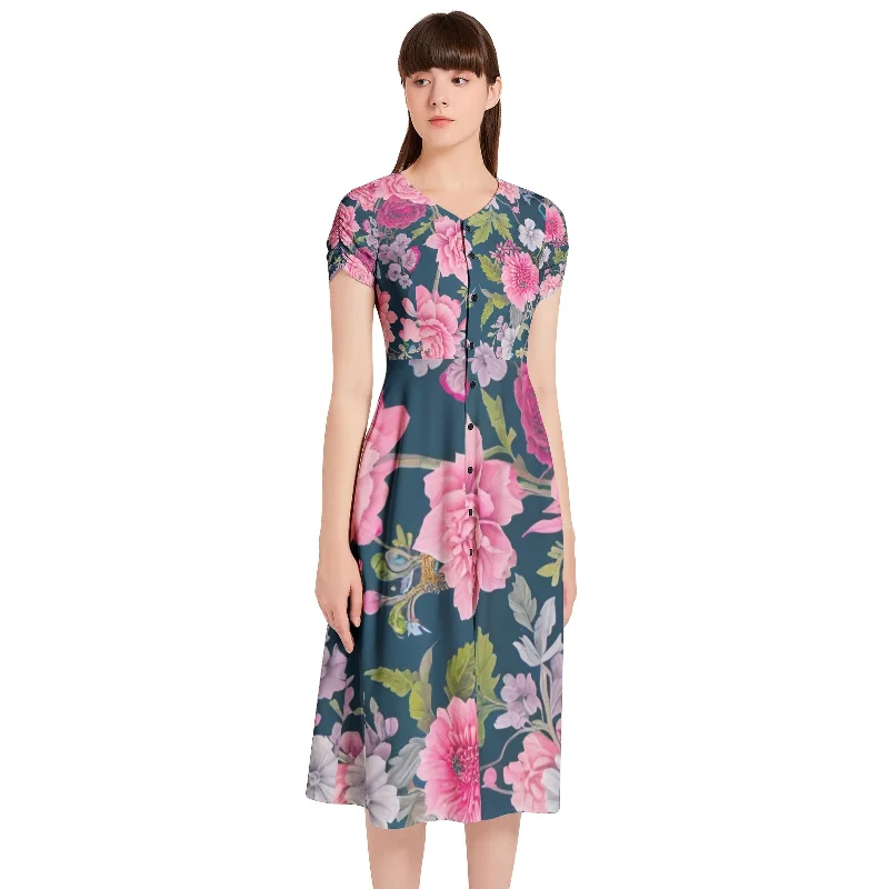 Deal Frenzy Puff Sleeve Button Through Dress