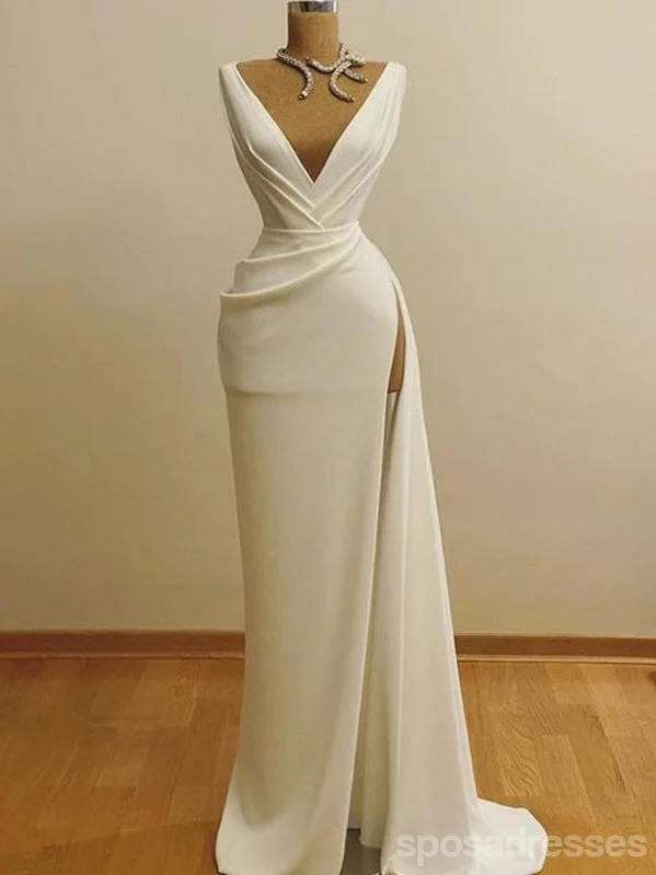 Price Cut Ivory Sheath Deep V-neck High Slit Cheap Long Prom Dresses,13011