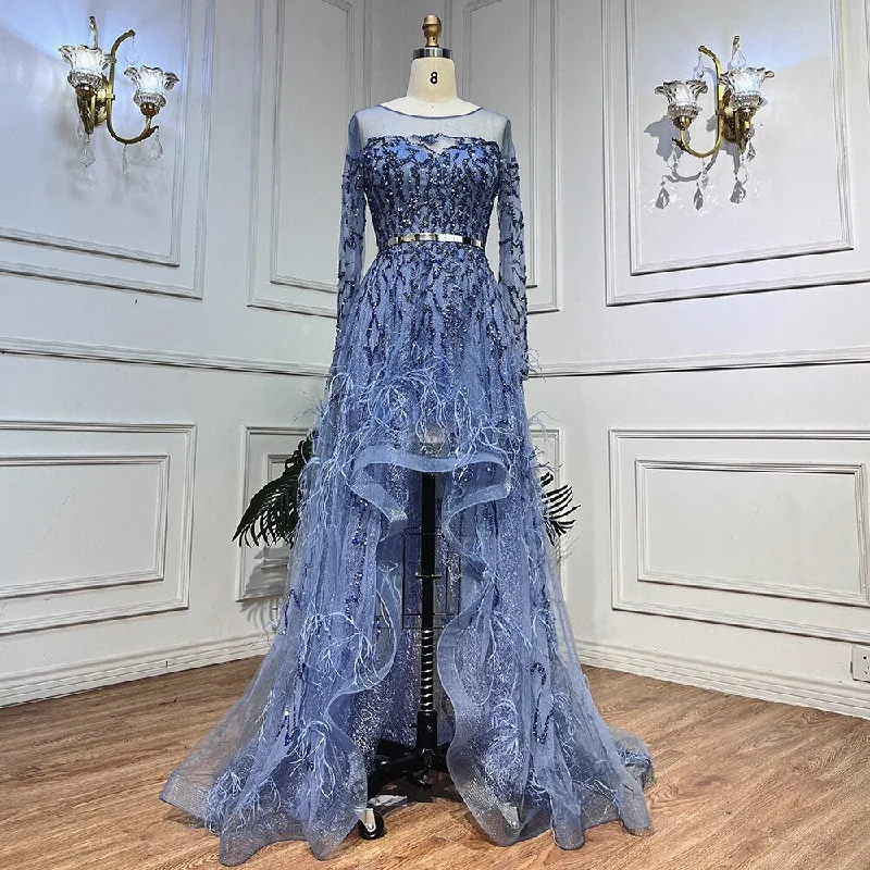 Massive Deals Serene Hill Blue Elegant A Line Lace Beaded Feathers Arabic Luxury Evening Dresses Gowns 2024 For Women Wedding Party LA71935A