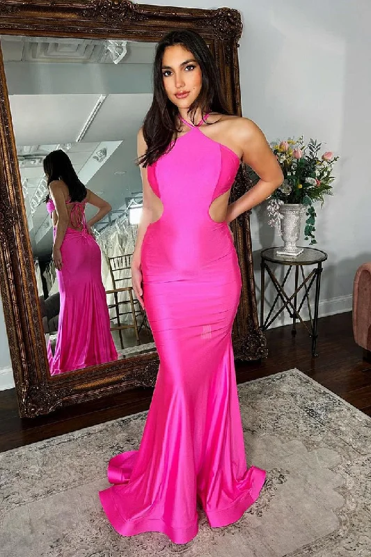 Fantastic Offers Fuchsia Mermaid Halter Satin Cutout Long Prom Dresses