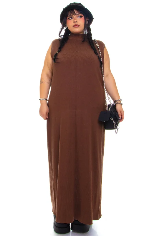 Special Promotion Vintage Y2K Brown Ribbed Knit Turtle Neck Maxi Dress - 2X/3X/4X
