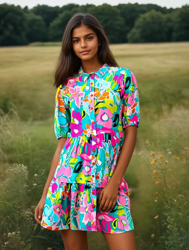Hot Deal Retro Big Floral Puff Sleeve Mini Summer Dress