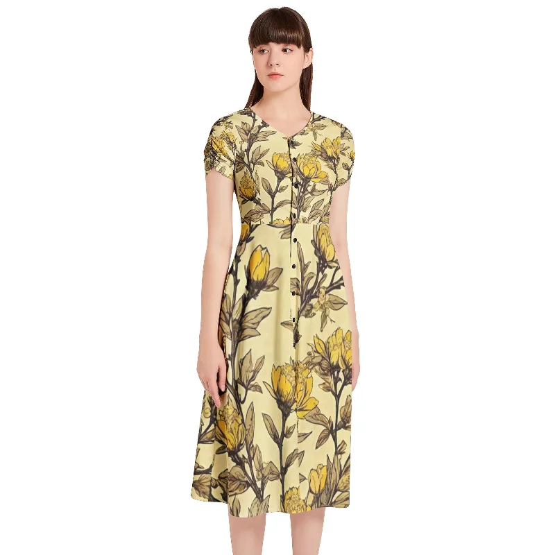 Deal Mania Puff Sleeve Button Through Dress