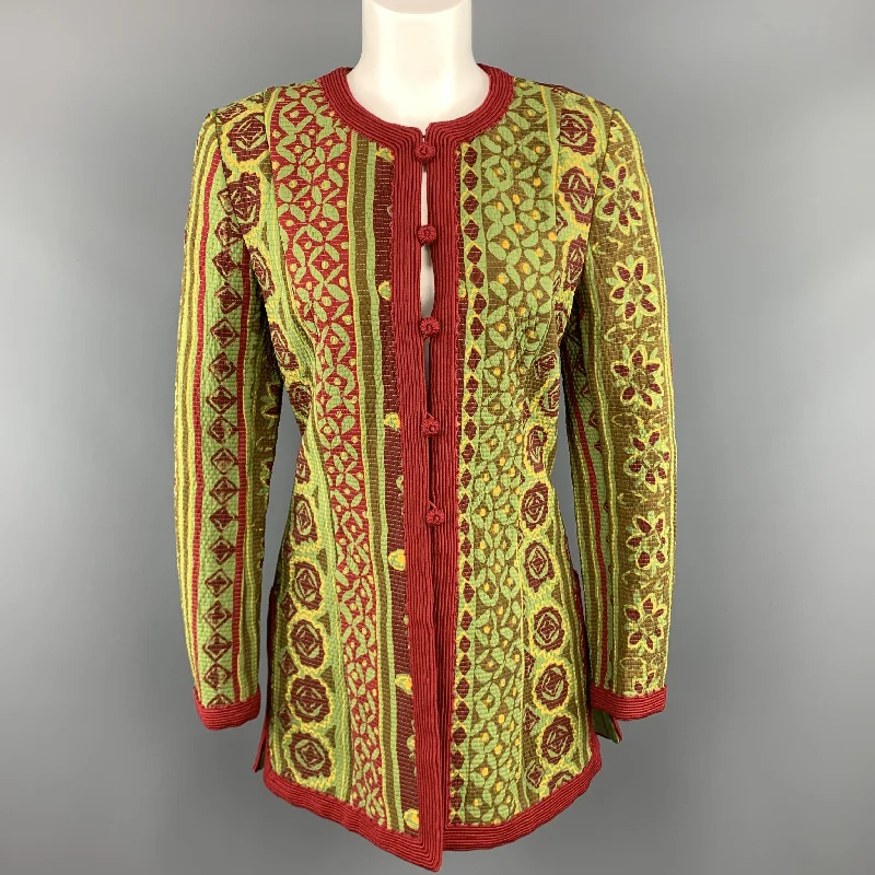 Epic Deals OSCAR DE LA RENTA Size 8 Green & Red Floral Collarless Jacket