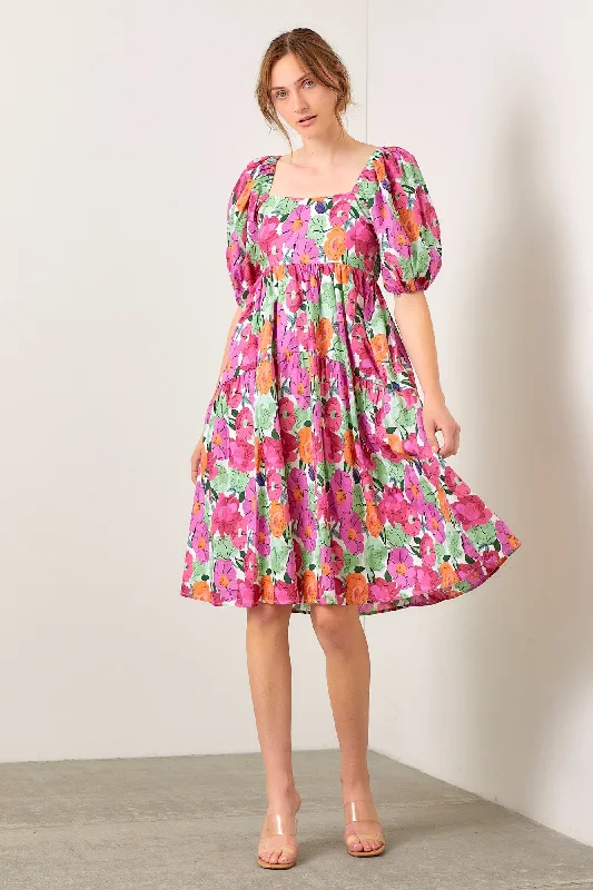 Huge Discounts Pink Floral Balloon Sleeve Smocked Midi Dress