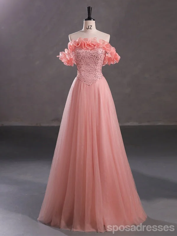 Year-End Sale Cute Pink A-line Off Shoulder Cheap Long Prom Dresses Online,12997
