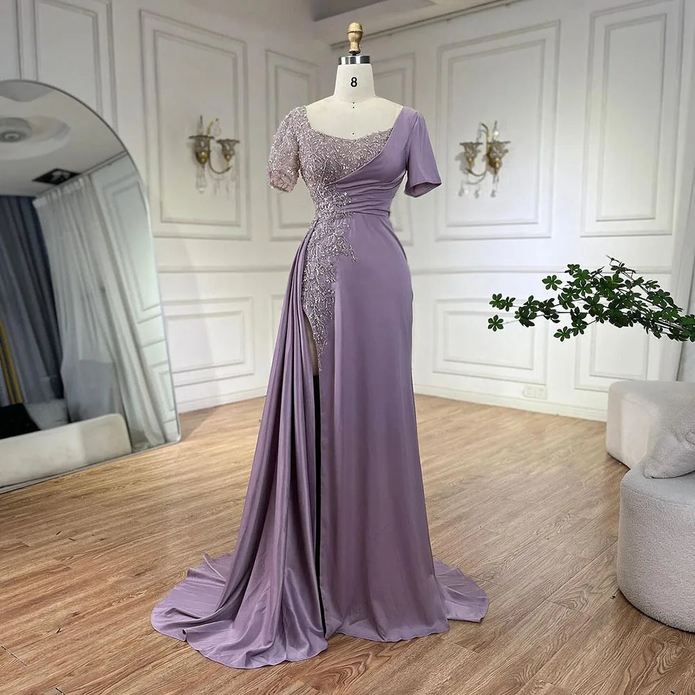Buy More, Save More Serene Hill Arabic Lilac Mermaid Elegant Satin Beaded Luxury Dubai Gray Evening Dresses Gowns For Women Wedding Party LA72583