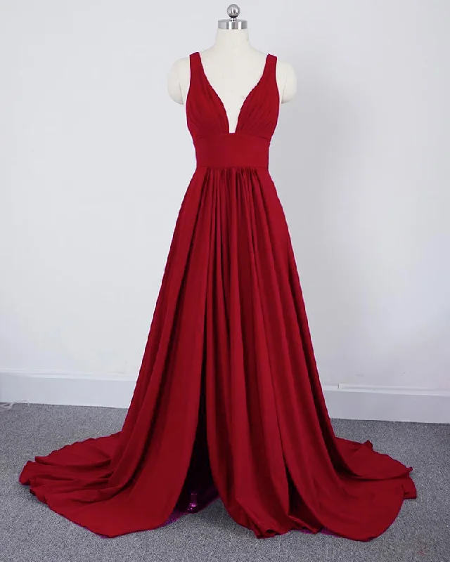 Act Fast Slit Leg Long Red Party Gown Evening Deep V Neck LP641