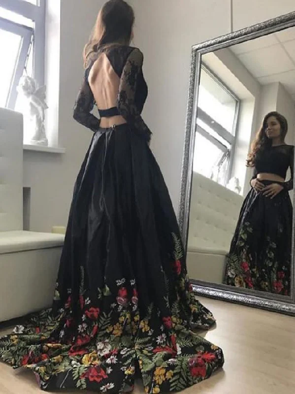 Take Advantage black two pieces long sleeves open back embroidery long prom dresses, PD12145 Take Advantage black two pieces long sleeves open back embroidery long prom dresses, PD12145