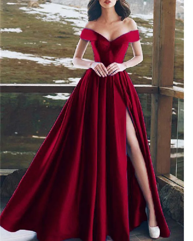Price Reduction Burgundy Long Split Evening Gowns 2022 Off the Shoulder Formal Party Gowns PI654