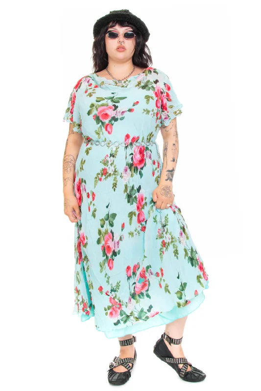 Sale Event Vintage 90's Delicate Blue Floral Maxi Dress - XL/2X/3X