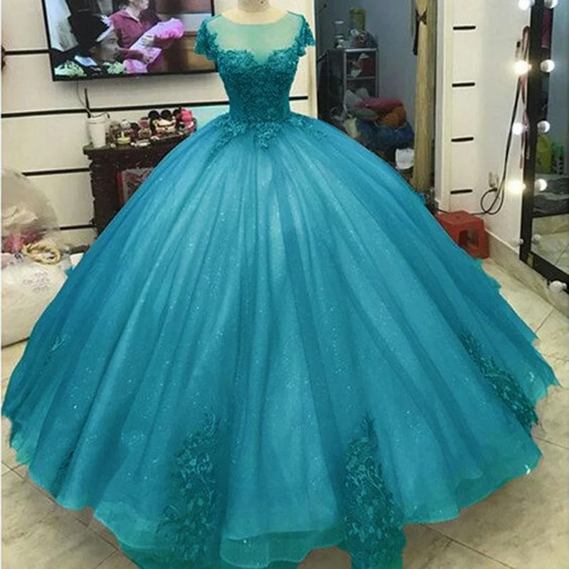 Special Promotion Glitter Lace Appliqued Turquoise Formal Evening Ball Gown Debutante Gown with Short Sleeves Special Promotion Glitter Lace Appliqued Turquoise Formal Evening Ball Gown Debutante Gown with Short Sleeves