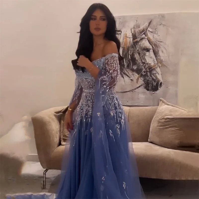 Fantastic Offers Serene Hill Blue A-Line Sexy Off Shoulder Cape Sleeves Beaded Luxury Evening Dresses Gowns For Women Arabic Party 2024 LA71836