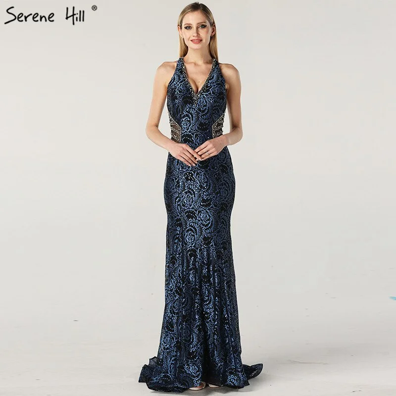 New Markdowns On Sale no return no refundSale Blue Halter Sleeveless Dubai Design Evening Dresses Real Photo Beading Lace Sexy Evening Gowns 2024 Serene Hill LA60818