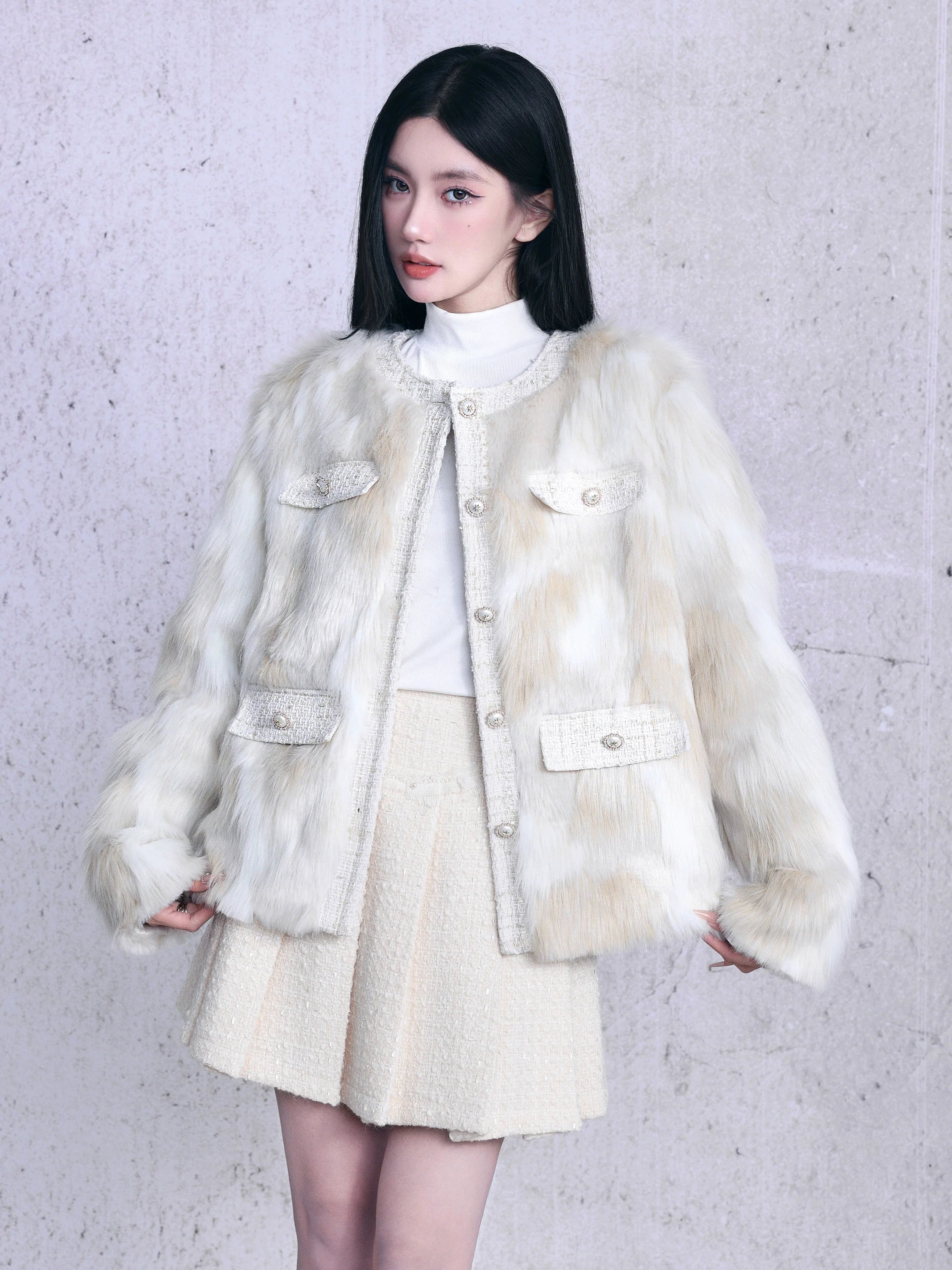 Today's Special Luxe Faux Fur Collarless Jacket with Multi-Pocket Detail - Winter White Today's Special Luxe Faux Fur Collarless Jacket with Multi-Pocket Detail - Winter White