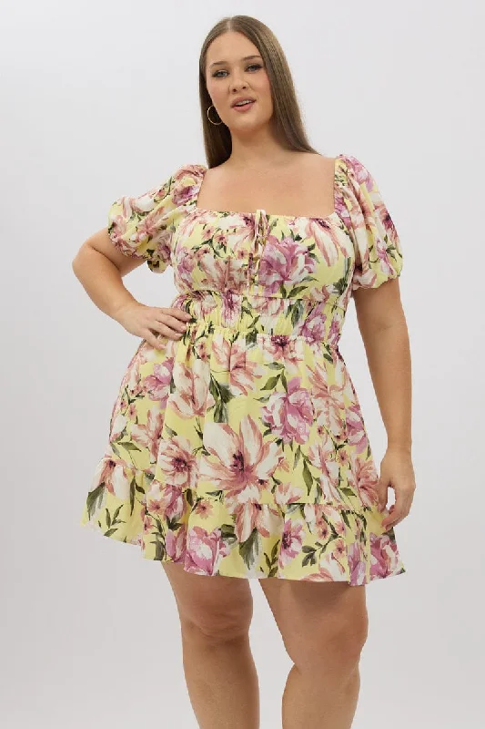 Online Only Yellow Floral Gather Waist Frill Hem Minidress