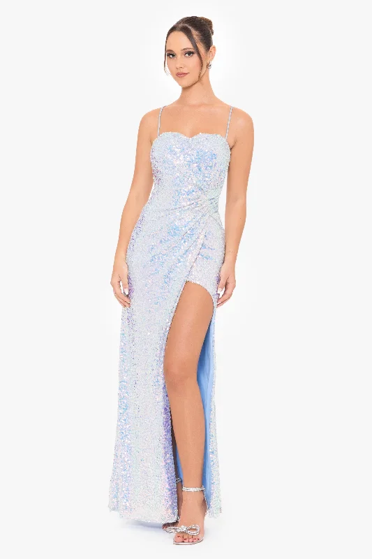 Can't Miss "Nelly" Long Iridescent Sequin Open Back Dress