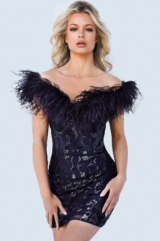 Warehouse Sale Jovani 22347 off the shoulder Feather Cocktail Dress