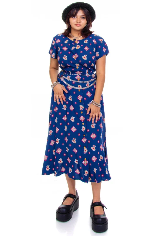Online Only Vintage 90's Liz Navy Pattern Button up Dress - S/M