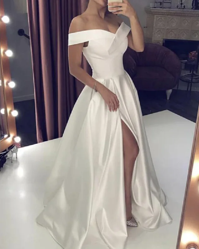 Best Bargains Elegant Off the Shoulder Ivory/White Formal Wedding Gown A Line Satin Split Party Dress PL0909 Best Bargains Elegant Off the Shoulder Ivory/White Formal Wedding Gown A Line Satin Split Party Dress PL0909