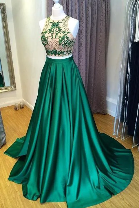 Deal Alert 2020 two pieces green top long satin prom dresses, PD12541