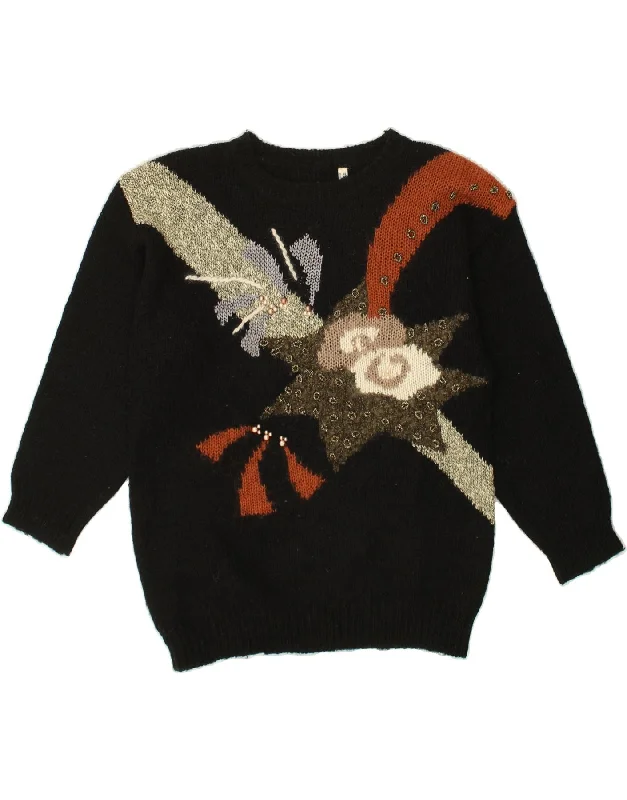 Closeout VINTAGE Womens Graphic Crew Neck Jumper Sweater UK 14 Large  Black Floral