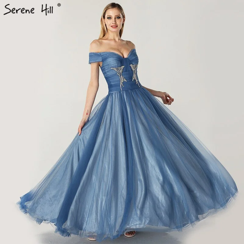 Price Reduction On Sale no return no refundSale Blue Off Shoulder Sexy Ball Gowns Evening Dresses 2024 Tulle Beading Crystal Sleeveless Evening Gowns Serene Hill LA6678