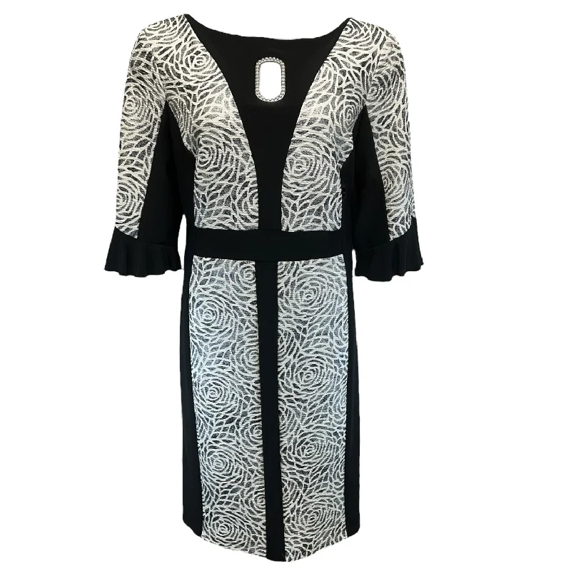 Major Savings Floral Print Jacquard Silky Knit Dress By Joseph Ribkoff In Black & White, Size: 20