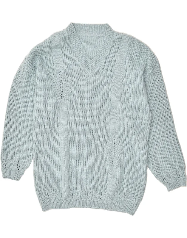 YEAR-End Clearance VINTAGE Womens V-Neck Jumper Sweater UK 16 Large Blue Wool